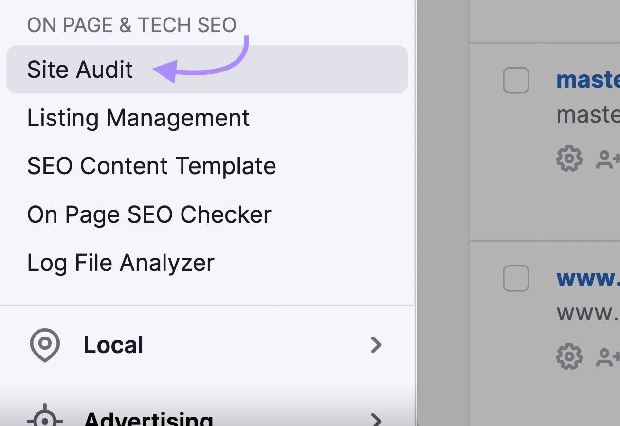 Navigating to Site Audit tool in the Semrush menu