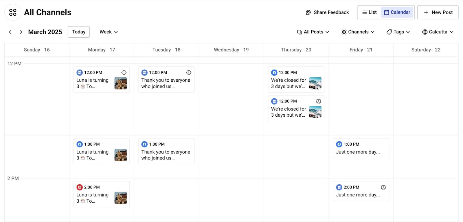 Calendar view on Buffer showing different social posts scheduled across platforms.