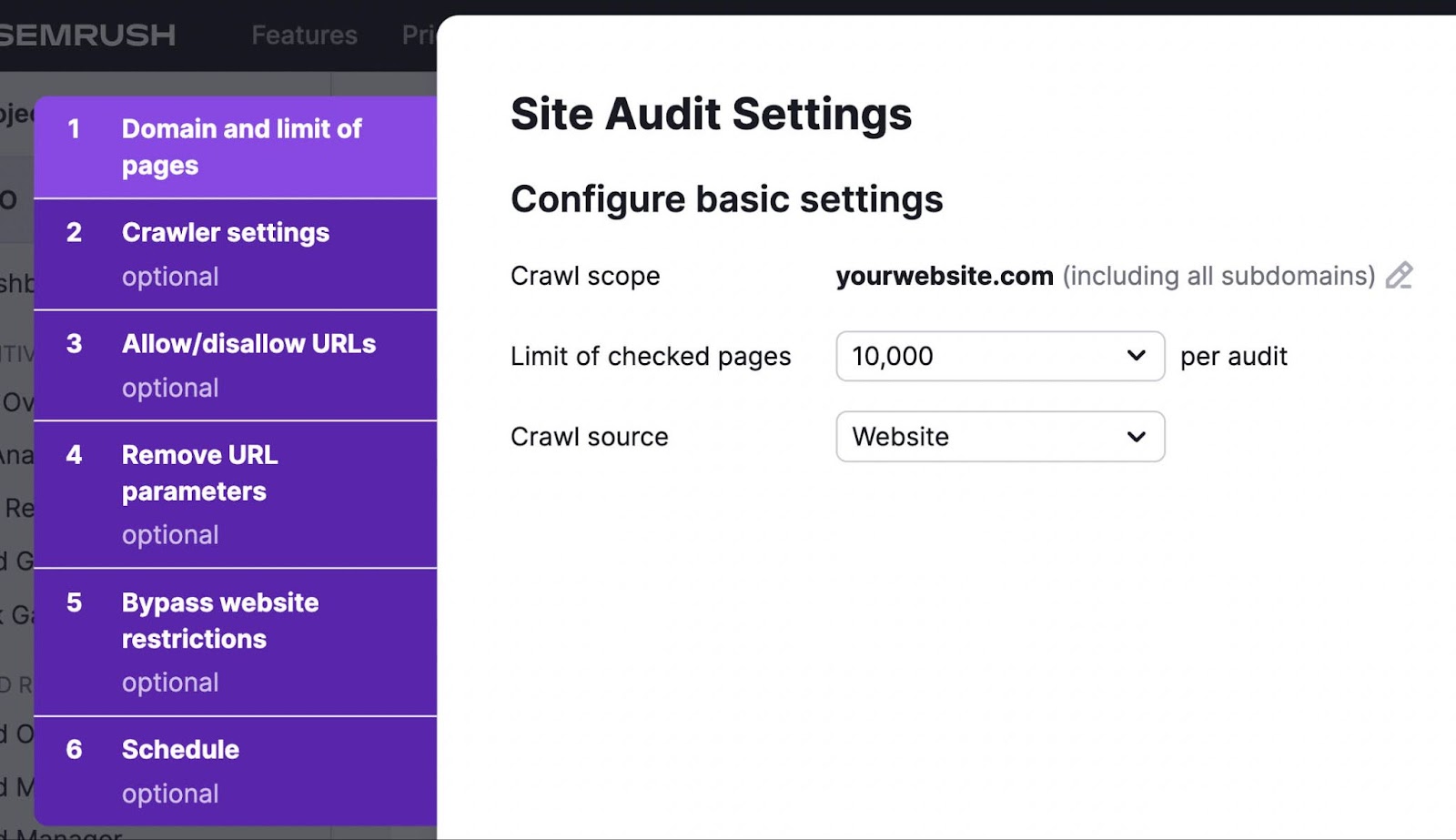 "Site Audit Settings" window