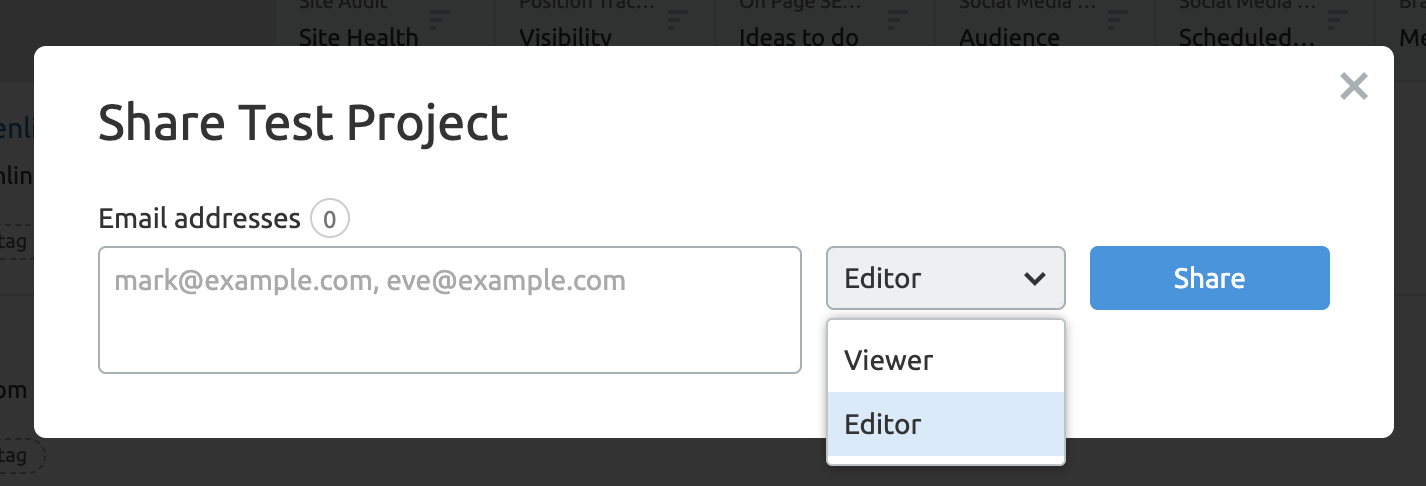 Pop up screen when sharing a project. The drop down menu shows viewer and editor options. 