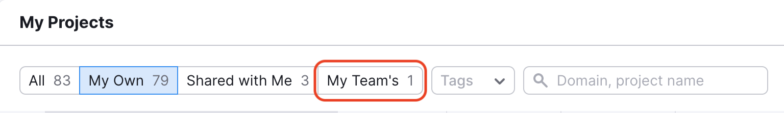 The Projects dashboard with the My Team's tab highlighted. 
