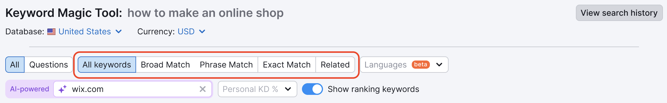 Keyword Magic Tool dashboard with a red rectangle highlighting the Broad Match, Phrase Match, Exact Match, and Related filters at the top. 