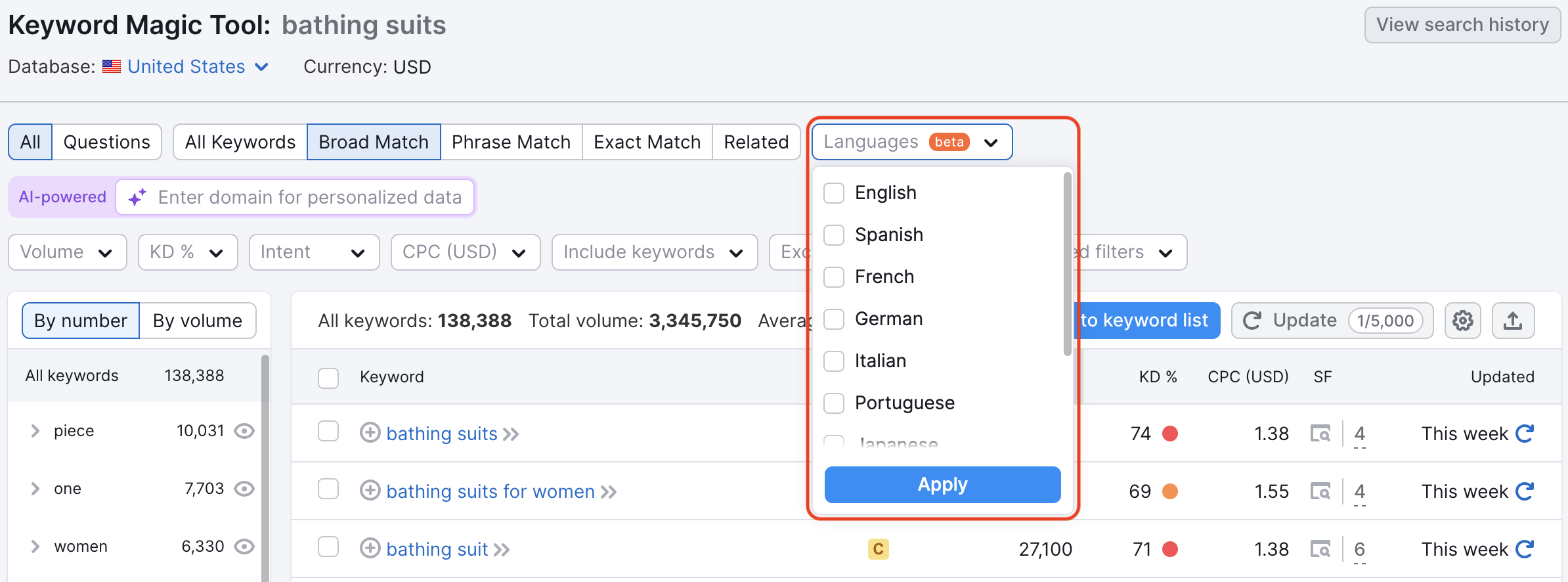 Keyword Magic Tool dashboard with a red rectangle highlighting the languages filter when opened up. 