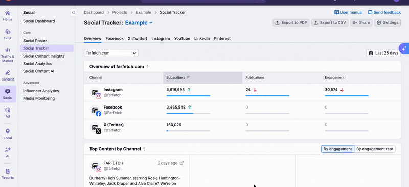 A process of adding competitors via the Settings in the Overview report in Social Tracker. Click on the Settings button in the top-right corner, and in the new pop-up window click the Add competitors. After that enter the competitors name and select social accounts to track. 